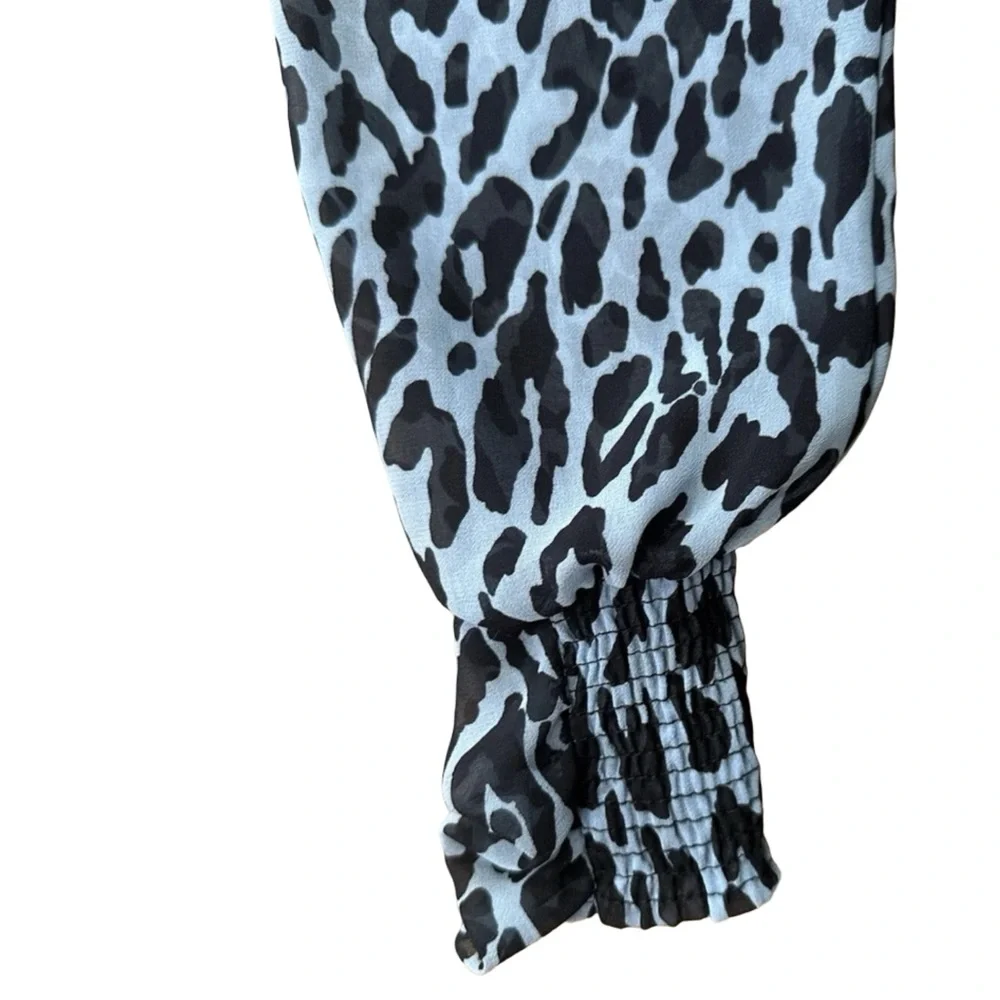 ZARA Womens Blue Animal Print Balloon Long Sleeve Pleated Crop Blouse Top Small